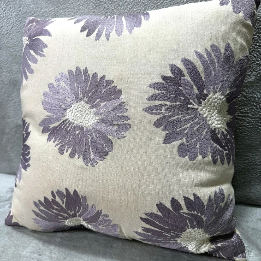 Pier 1 Embroidered Lavender Floral Throw Pillow Boho Cream Decorative Cushion